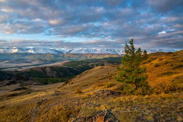 Mountains and steppes of Altai at dawn