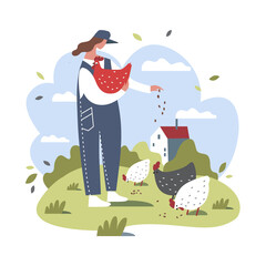 A farmer girl feeds chickens and roosters. Life in the country