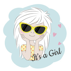 Cute little face Girl. Romantic pretty character flat style.