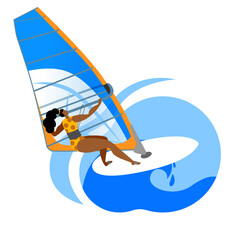 Girl ride a Board with a sail. Vector icon or sticker in a flat style on the theme of surfing.