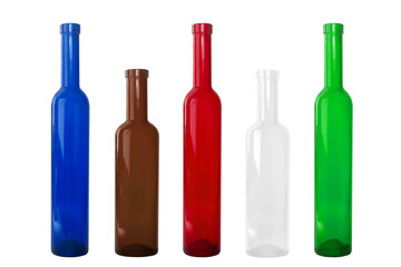 Five bottles in two different sizes and five colors, blue, red, brown, white and green, isolated on white background