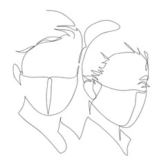 Woman and man wearing anti virus protection mask to prevent others from corona COVID-19, continuous line style, quick sketch, vector illustration. Pandemic concept, health protection.