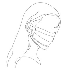 Woman wearing anti virus protection mask to prevent others from corona COVID-19, continuous line style, quick sketch, vector illustration. Pandemic concept, health protection.
