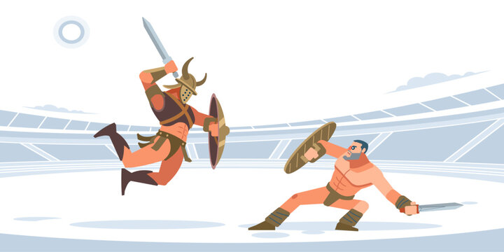 Spartan warriors fighting in gladiators arena. Gladiatorial fight. Thracian vs Spartacus. Vector isolated illustration. Flat cartoon style
