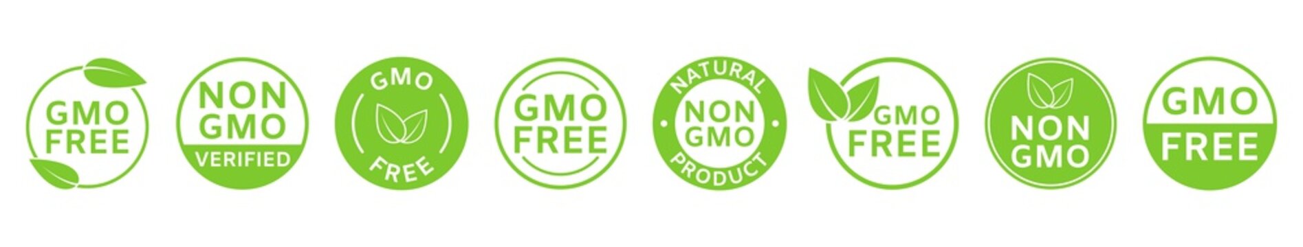 Non GMO labels. GMO free icons. Healthy organic food concept. No GMO design elements for tags, product packag, food symbol, emblems, stickers. Eco, vegan, bio. Vector illustration