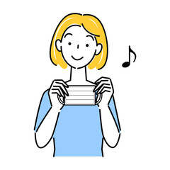 両手でマスクを持っている笑顔の女性 イラスト シンプル ベクター