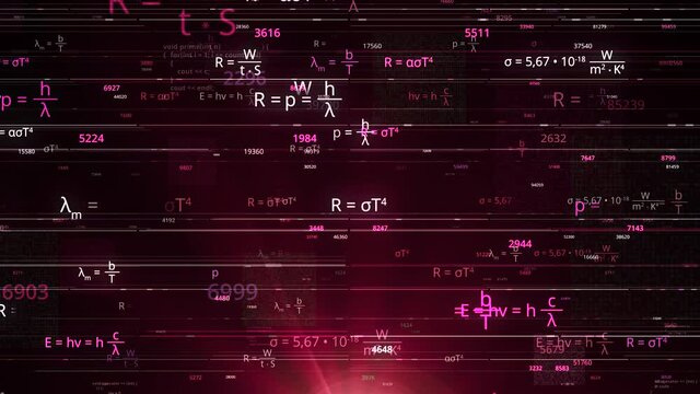 Brainstorming from mathematical equations. Animation. Burst of mathematical equations and numbers in electronic form. Neon math formulas are changing in Cyberspace