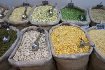 Dried food products on the arab street market stall.