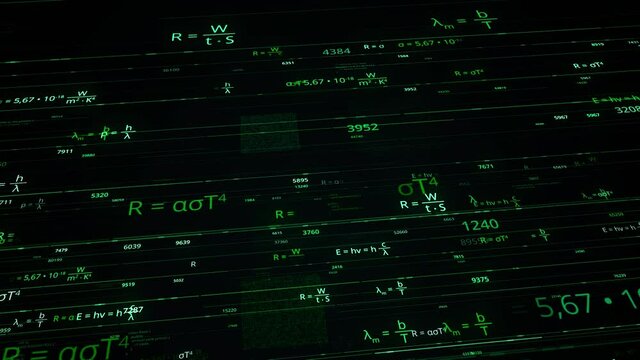 Formulas in physics in electronic form. Animation. Computer network with many formulas in physics. Changing physics formulas in Matrix Web