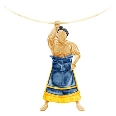弓取り式の力士の手描き水彩風イラスト