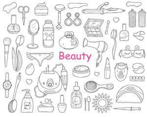 Vector Doodle Set of Cosmetics for Make Up and Beauty Elements in Sketch style. Hand Drawn Outline Women's Accessories for Care and Hygiene.Fashionable Electronic Devices and Tools.Isolated on White.