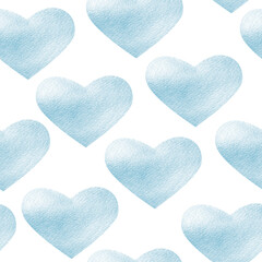 Blue hearts with shining watercolor seamless pattern. Template for decorating designs and illustrations.