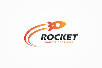 Modern Rocket Logo. Simple Flying Rocket with Speed Comet Waves isolated on White Background. Usable for Business and Technology Logos. Flat Vector Logo Design Template Element.