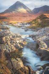 Scenic landscape view of the Glamaig peak in  Red Cuillin mountains and Sligachan waterfall on the Isle of Skye, Scottish Highlands, Scotland.