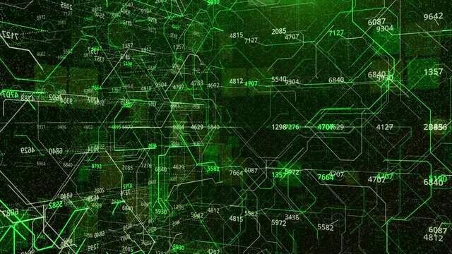 Connections and numbers inside matrix. Animation. Set of numbers and values on background of cybernetic moving lines. Inside numerical relations and fields in diverse matrix system