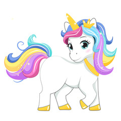 Beautiful unicorn with crown. Vector illustration. Isolated on white background
