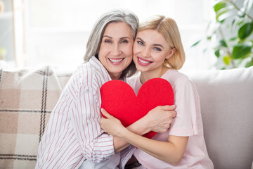Photo of pretty ladies sit on couch arms hold hugging large red paper heart card toothy smile free...