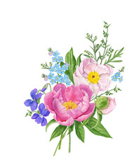 Watercolor spring flower bouquet of peonies, forget-me-nots, violets