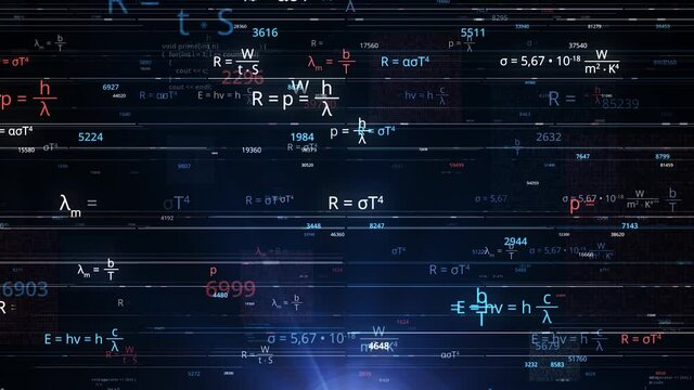 Brainstorming from mathematical equations. Animation. Burst of mathematical equations and numbers in electronic form. Neon math formulas are changing in Cyberspace