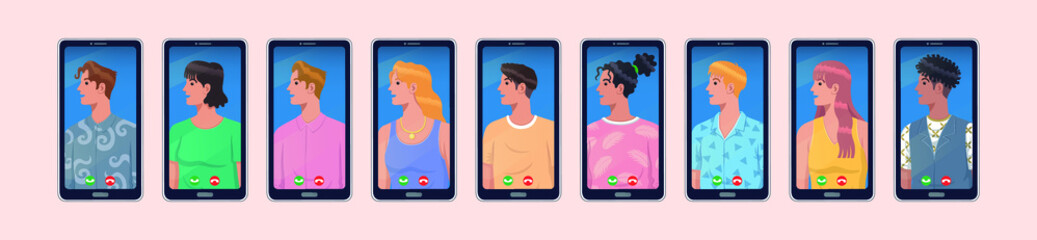 Group of young people character with different race smultiracial on smartphone screen vector illustrator.