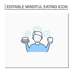Mindful eating line icon. Wiser choices of products. Conscious nutrition.Healthy food. Improve relationships with food. Healthcare concept. Isolated vector illustration.Editable stroke