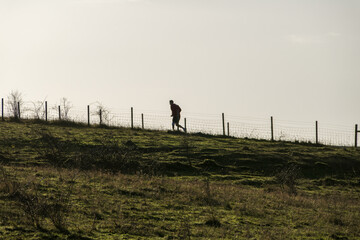 Silhouette of  man jogging in country park on cold day