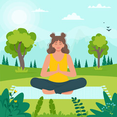 Obraz na płótnie Canvas Woman in lotus pose, doing yoga in the Park. Relaxing healthy fitness concept. Summer activity. Vector illustration in flat style