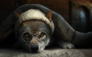 Wolf disguised as grandma hiding in bed with blanket wearing cap and eye glasses. Little red riding hood story concept. - obrazy, fototapety, plakaty