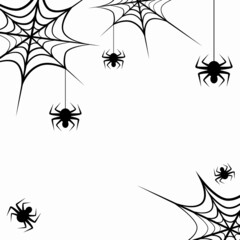Spider web and little spiders on white background. Template, banner, frame, mock up. Vector illustration with space for text.
