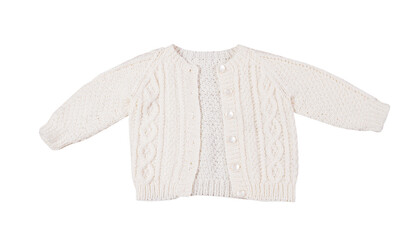 Baby wool cardigan isolated on white background, white wool handmade wear for toys and kids,