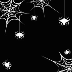 Spider web and little white spiders on black background. Template, banner, frame, mock up. Vector illustration with space for text.