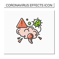 Brain damage color icon. Covid disease molecule attack brain. Concept of corona virus neurology symptoms danger, cerebral dysfunction and encephalopathy.Isolated vector illustration 