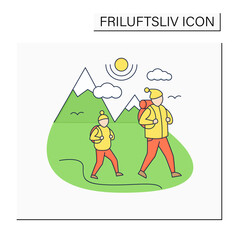 Friluftsliv color icon. Family hiking. Dad and son go camping. Mountain landscape.Nordic outdoor activities concept.Isolated vector illustration