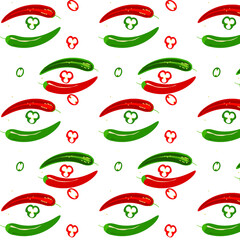 Chili pepper vector template . On white background . Green and red . Seeds. 