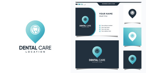 Dental logo with pin location concept and business card design. Premium Vector