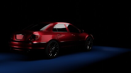 Fototapeta na wymiar red car on the side in the dark on a blue background