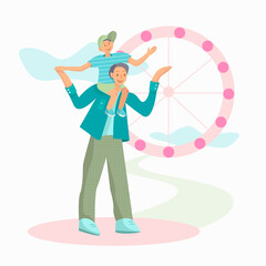 Vector illustration of a father who carries his son around his neck and has fun