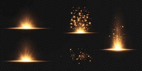 Fototapeta na wymiar Основные RGBShining golden stars isolated on black background. Effects, lens flare, shine, explosion, golden light, set. Light star gold png. Light sun gold png. Light flash gold png. Powder png.