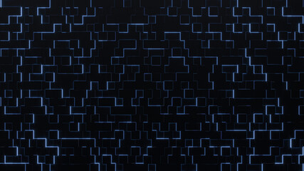 Abstract pattern backround. Black cubes with glowing neon edges. 3d illustration.