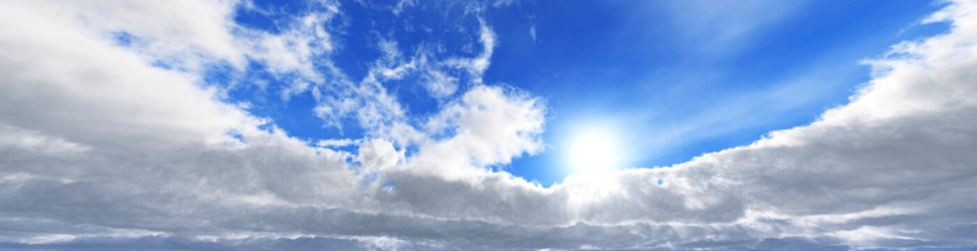 Sun among the clouds on a blue sky, cloudy landscape with the sun, flying in the clouds, 3D rendering