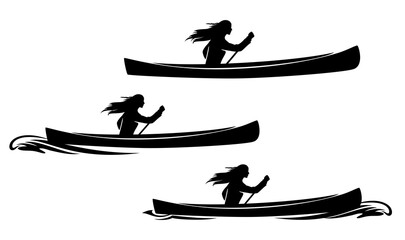 beautiful native american woman rowing in traditional canoe - indian girl, pirogue boat and water wave  black vector silhouette set - obrazy, fototapety, plakaty