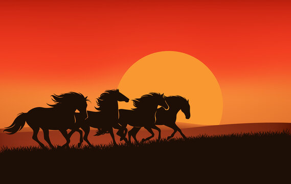 wild mustangs running across sunset prairie - horse herd silhouette against setting sun vector landscape