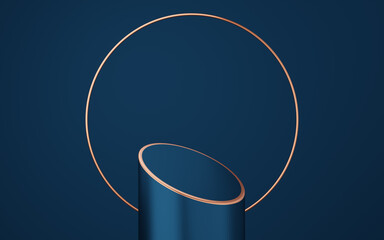 Empty blue cylinder podium with gold border and copper circle on blue background. Abstract minimal studio 3d geometric shape object. Mockup space for display of product design. 3d rendering.
