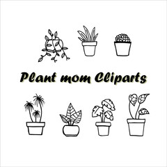 set of plant mom doodle clipart illustration vector, hand drawn element for decoration