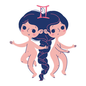 Gemini Zodiac Sign Vector. Funny horoscope, astrology, birthday. Isolated image of a naked beautiful woman with her sister. Braid hairstyle. Cartoon character. Trendy style and print color, gift.