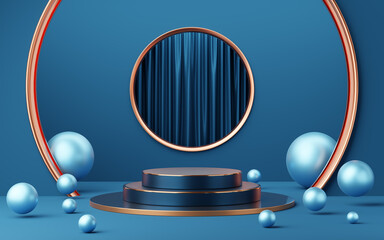 Empty blue and black cylinder podium with copper border, ball on gold circle arch, curtain background. Abstract minimal studio geometric shape. Pedestal mockup space for product design. 3d rendering.