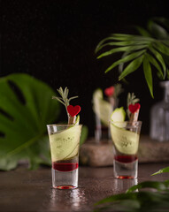 Still life with cocktails and tropical leaves