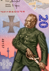 The PLN 20 banknote commemorating the Battle of Warsaw with Józef Piłsudski and the painting of Kossak, Portrait from Poland 20 Zlotych 2020 Banknotes.