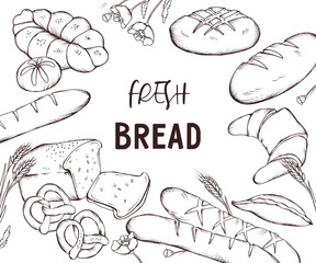 Fresh bread banner or poster design with hand drawn image of bakery production. Banner for bread selling, engraving sketch style vector illustration isolated on white background.
