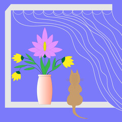 Vase with flowers on the window, next to a kitten, rear view.
